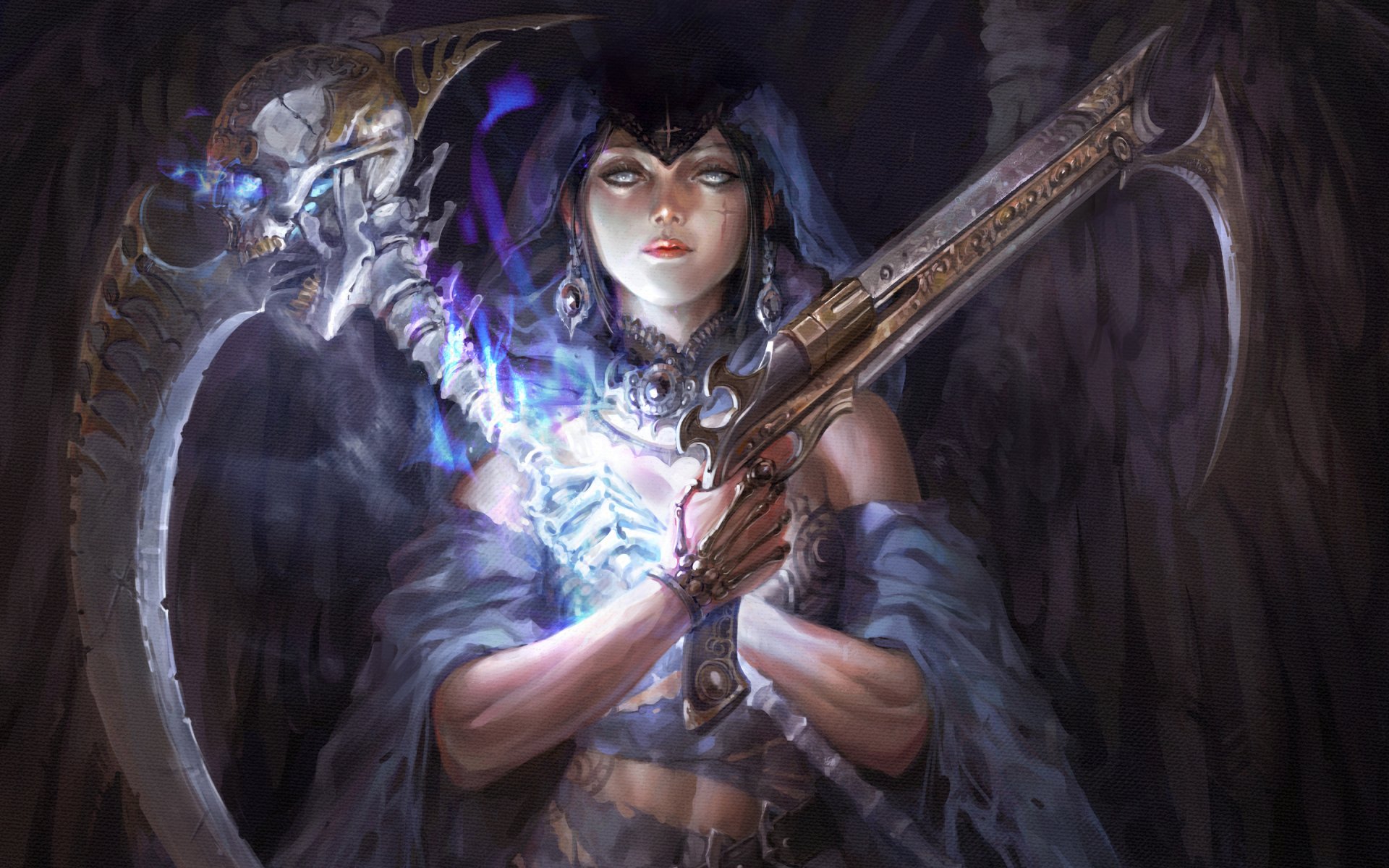 HD fantasy PC desktop wallpaper featuring a fierce woman warrior with dark wings, holding a glowing, ornate weapon in a mystical, shadowy environment.
