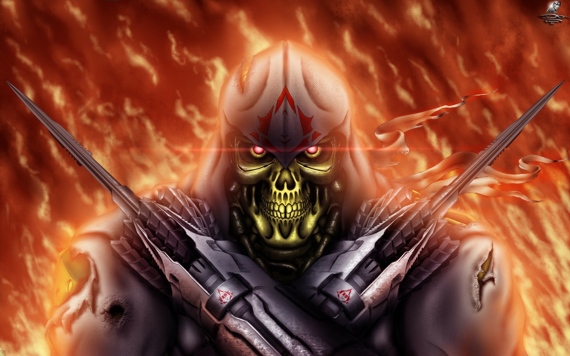 2K Quad HD PC Desktop Wallpaper and Background: a skeletal fantasy warrior with glowing red eyes, spiked armor and crossed blades, standing amid roaring flames.