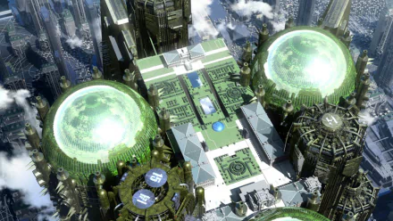 Anime HD PC desktop wallpaper/background from Psycho-Pass Movie: aerial view of a futuristic city with glowing green domes, ornate towers and clouds drifting below.