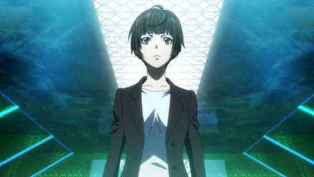Anime Psycho-Pass Movie HD PC desktop wallpaper: a solemn young inspector with short black hair and blazer stands beneath a glowing ceiling in a blue-green futuristic corridor.