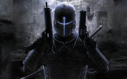 HD PC desktop wallpaper featuring a dark, cybernetic soldier holding dual guns from the video game E.Y.E: Divine Cybermancy in a dystopian, futuristic setting.