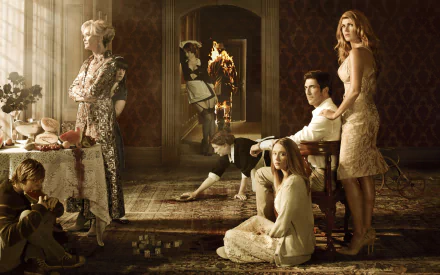 A haunting scene from American Horror Story, featuring characters poised in an eerie room, with dramatic lighting creating a sense of mystery and tension. HD desktop wallpaper.