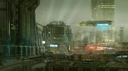 Futuristic sci-fi cityscape with towering skyscrapers and a hovering spacecraft, depicted in a detailed HD PC desktop wallpaper and background.