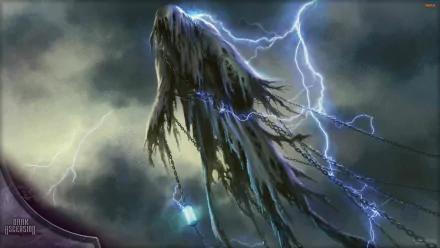 HD desktop wallpaper featuring a dramatic, stormy scene from Magic: The Gathering with a tattered, spectral figure wrapped in chains against a lightning-filled sky.