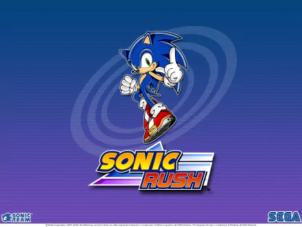 HD PC desktop wallpaper of Sonic the Hedgehog from the video game Sonic Rush: Sonic mid-jump over stylized rings above the Sonic Rush logo on a blue-to-purple gradient background.