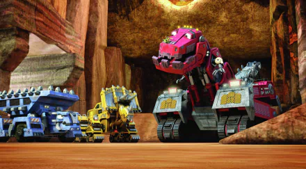 HD wallpaper with characters from Dinotrux, featuring hybrid dinosaur-construction vehicles against a rocky backdrop.