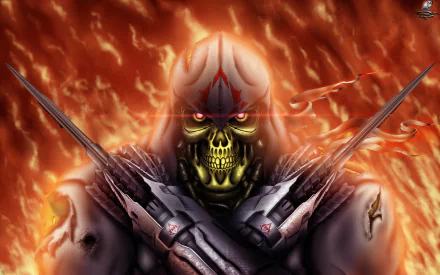 2K Quad HD PC Desktop Wallpaper and Background: a skeletal fantasy warrior with glowing red eyes, spiked armor and crossed blades, standing amid roaring flames.