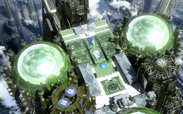 Anime HD PC desktop wallpaper/background from Psycho-Pass Movie: aerial view of a futuristic city with glowing green domes, ornate towers and clouds drifting below.