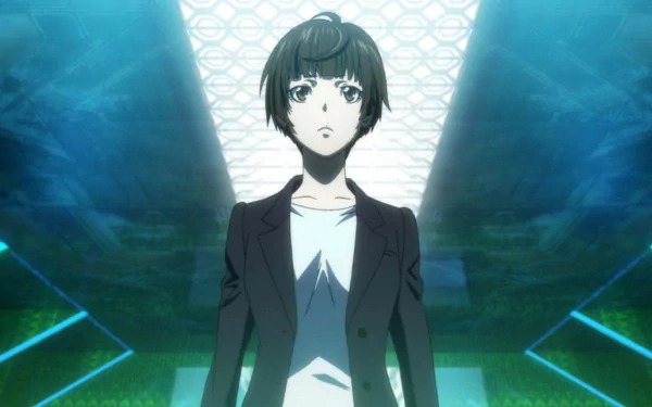 Anime Psycho-Pass Movie HD PC desktop wallpaper: a solemn young inspector with short black hair and blazer stands beneath a glowing ceiling in a blue-green futuristic corridor.