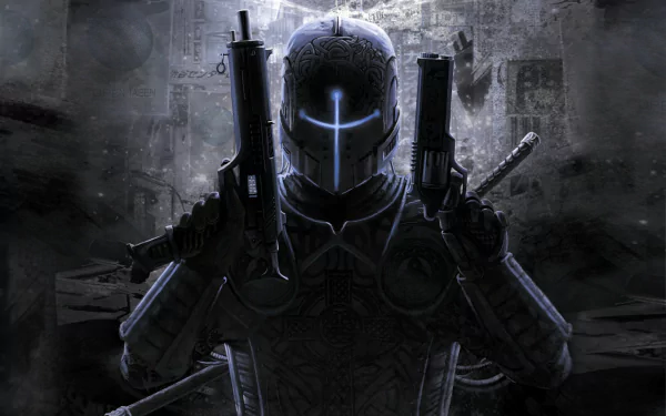 HD PC desktop wallpaper featuring a dark, cybernetic soldier holding dual guns from the video game E.Y.E: Divine Cybermancy in a dystopian, futuristic setting.