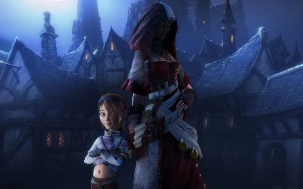 HD PC desktop wallpaper from the video game Fable II, featuring two characters against a dark, medieval village backdrop.