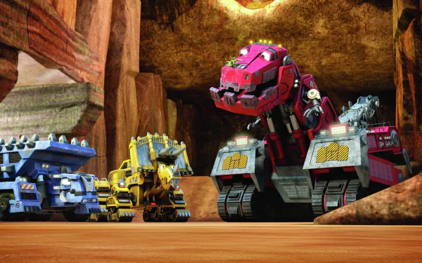 HD wallpaper with characters from Dinotrux, featuring hybrid dinosaur-construction vehicles against a rocky backdrop.