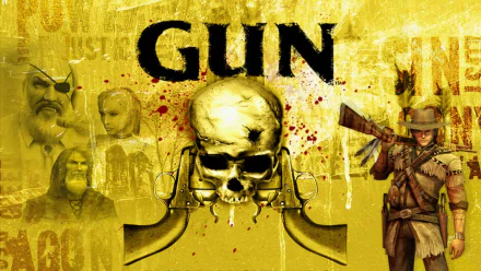 HD PC desktop wallpaper featuring a skull with crossed guns, blood splatters, and characters from the video game GUN set against a textured yellow background.
