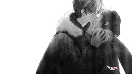 HD wallpaper featuring Sawako Kuronuma and Shota Kazehaya from the anime Kimi Ni Todoke, capturing a tender moment as they share a kiss against a minimalist background.