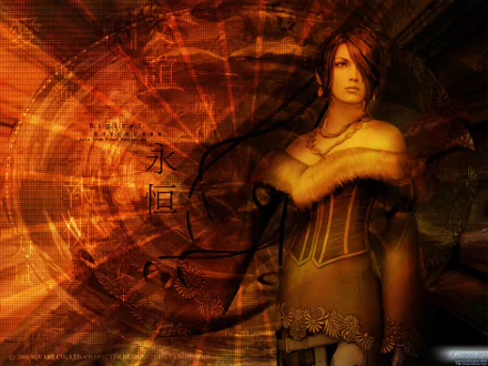 Lulu (Final Fantasy), video game character from Final Fantasy X, pictured in an HD PC desktop wallpaper background with gothic gown, fur collar, and orange, tech-textured backdrop.