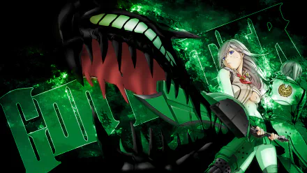 A dynamic HD wallpaper featuring Johannes von Schicksal and Alisa Illinichina Amiella from the anime God Eater, set against a vivid green background with striking graphic elements.