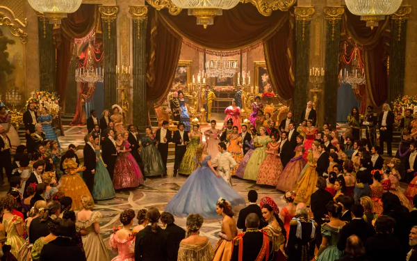 A 4K Ultra HD desktop wallpaper featuring Richard Madden and Lily James in a grand ballroom scene from the 2015 movie Cinderella.