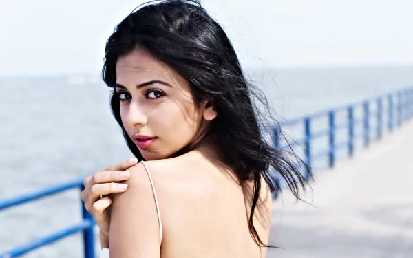 HD desktop wallpaper featuring celebrity Rakul Preet Singh with a serene seaside background, giving a captivating look over her shoulder.