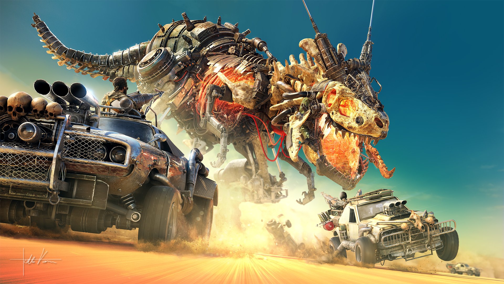 HD sci-fi PC desktop wallpaper featuring a massive robotic dinosaur chased by rugged armored vehicles in a desert landscape.