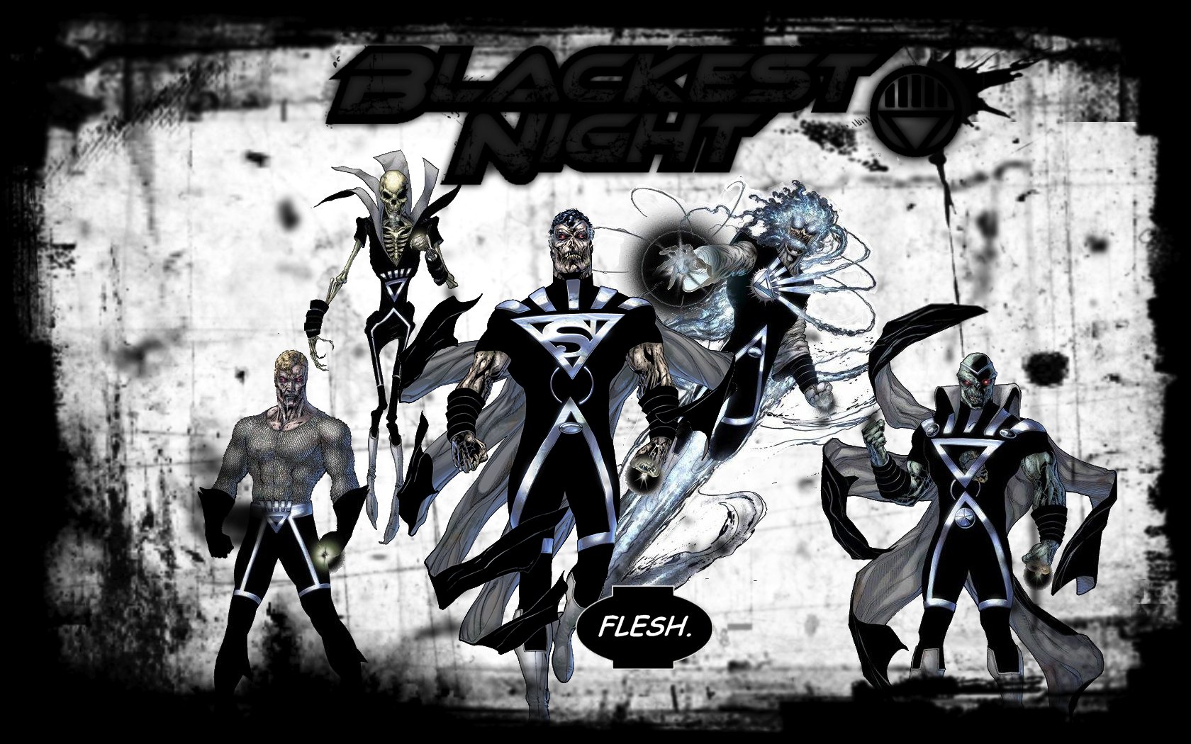 Blackest Night comic HD PC desktop wallpaper and background: black-uniformed Superman, Aquaman and Black Lantern figures pose on a grungy white backdrop beneath the 'Blackest Night' logo.