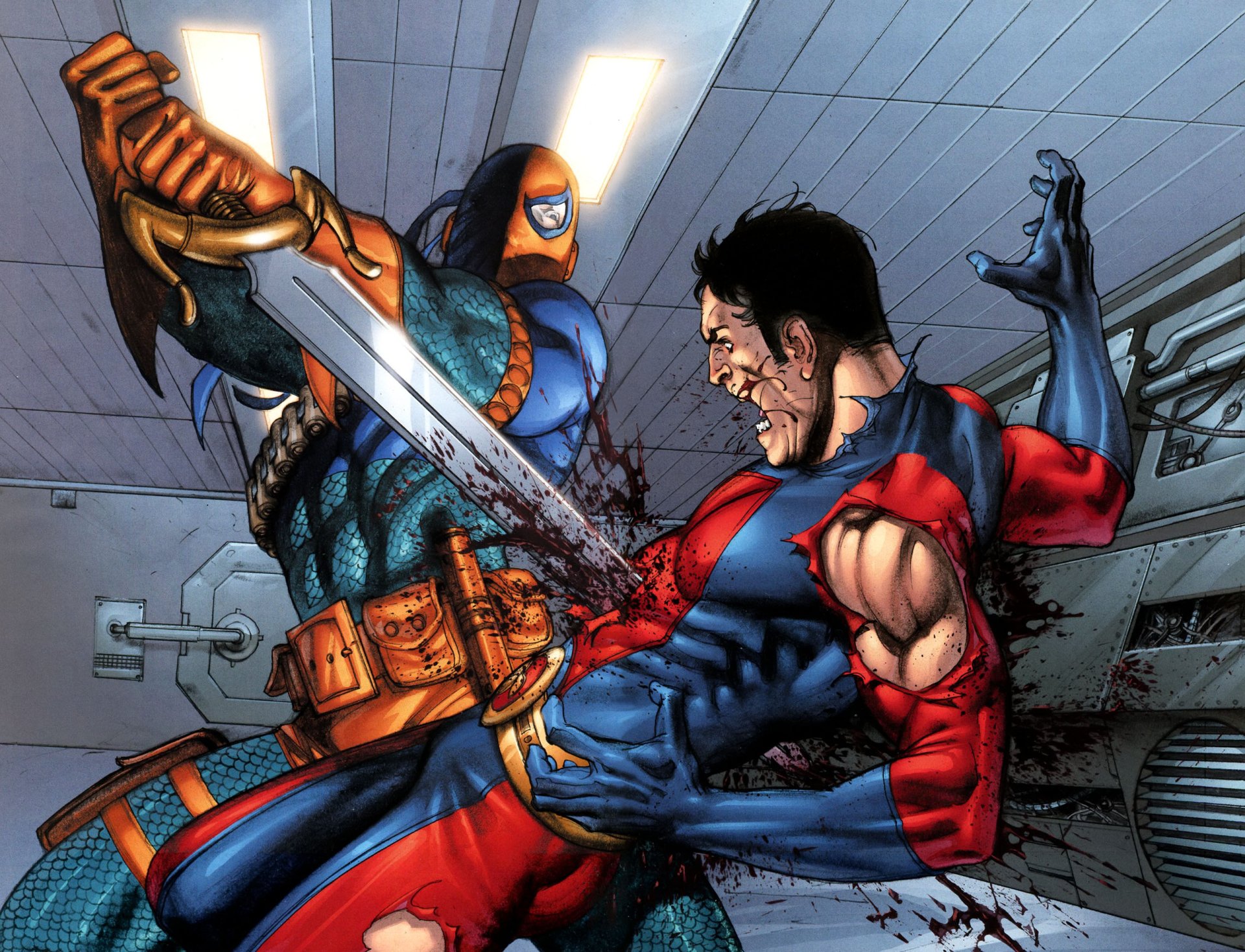 HD PC desktop wallpaper featuring a dynamic comic scene of Deathstroke attacking a muscular opponent with a sword in a tense, action-packed moment.