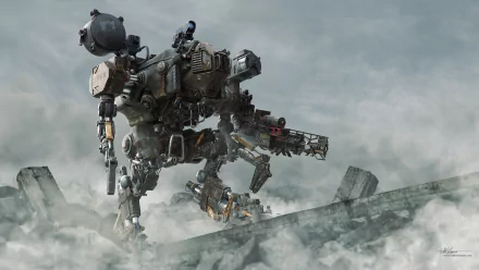 Sci-Fi HD PC desktop wallpaper/background: a massive multi-legged combat robot strides over ruined concrete under a stormy sky, weathered metal and heavy weaponry.