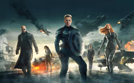 HD wallpaper featuring Nick Fury, Captain America, Black Widow, and Winter Soldier from Captain America: The Winter Soldier, set against a dramatic action backdrop.