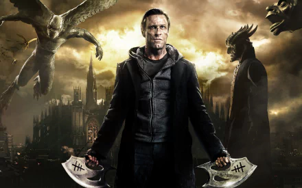 Aaron Eckhart stars in I, Frankenstein, depicted in a dramatic HD wallpaper, wielding weapons against a dark, fantastical backdrop with mythical creatures.