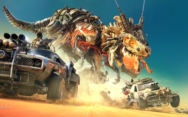 HD sci-fi PC desktop wallpaper featuring a massive robotic dinosaur chased by rugged armored vehicles in a desert landscape.