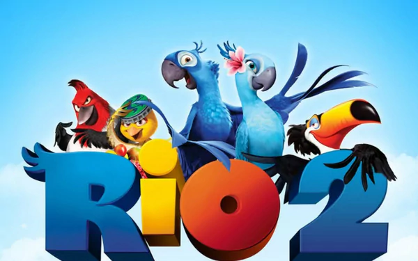 HD PC desktop wallpaper from the movie Rio 2: two blue macaws and colorful bird friends perched on a bold Rio 2 logo against a bright sky-blue background.