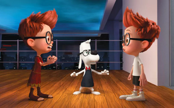 HD PC desktop wallpaper from the movie Mr. Peabody & Sherman: Mr. Peabody stands between two versions of Sherman facing each other on a polished wooden floor.