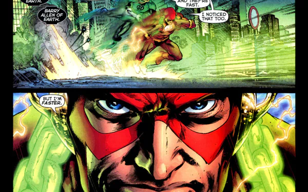 HD PC desktop wallpaper and background: comic art of Flash racing through a city as Green Lantern energy surrounds him — Blackest Night crossover, two-panel layout with intense close-up of Flash's mask.