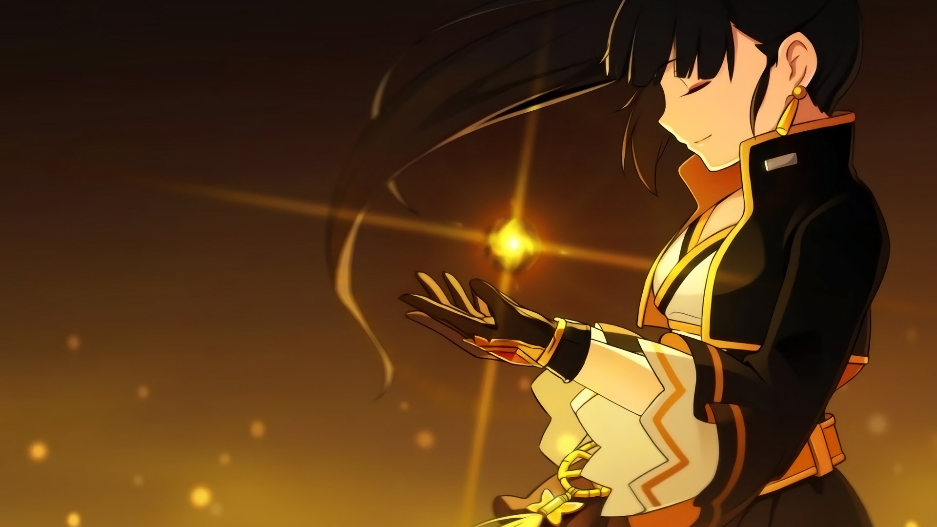 A striking HD wallpaper featuring a character from the video game Elsword, showcasing a quiet moment with a glowing orb in her hands against a shimmering golden background.