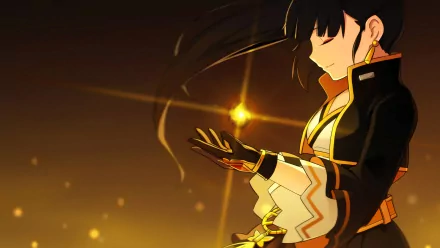 A striking HD wallpaper featuring a character from the video game Elsword, showcasing a quiet moment with a glowing orb in her hands against a shimmering golden background.