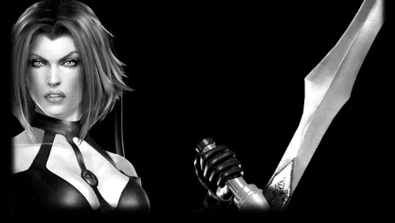 HD PC desktop wallpaper of the BloodRayne 2 video game heroine Rayne — close-up of her face and gloved hand gripping a blood-streaked blade against a stark black background.