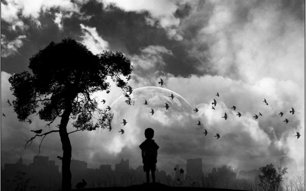 A black-and-white artistic depiction of a child standing in silhouette beside a tree, surrounded by birds against a dramatic cloud-filled sky, creating a captivating HD desktop wallpaper.