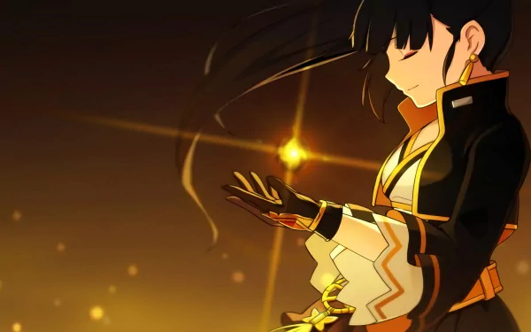 A striking HD wallpaper featuring a character from the video game Elsword, showcasing a quiet moment with a glowing orb in her hands against a shimmering golden background.