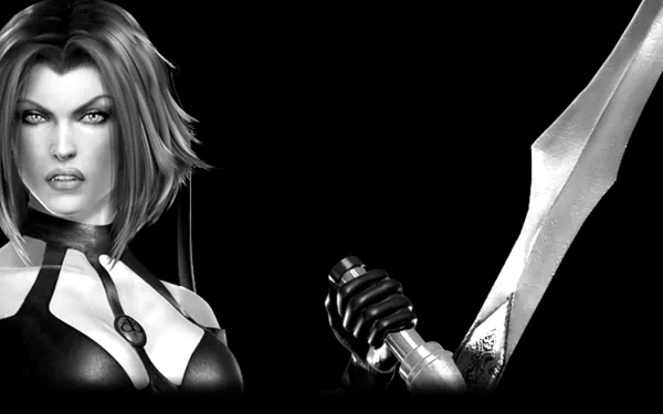 HD PC desktop wallpaper of the BloodRayne 2 video game heroine Rayne — close-up of her face and gloved hand gripping a blood-streaked blade against a stark black background.