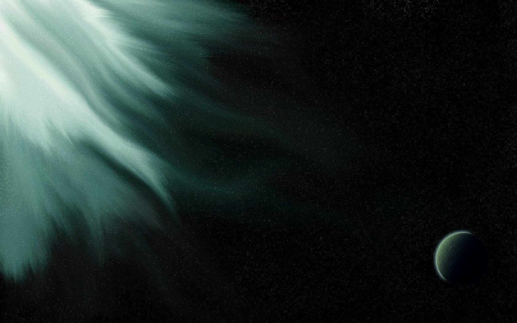 HD PC desktop wallpaper featuring a sci-fi space scene with a distant planet illuminated by a glowing, ethereal light streak against a dark cosmic background.