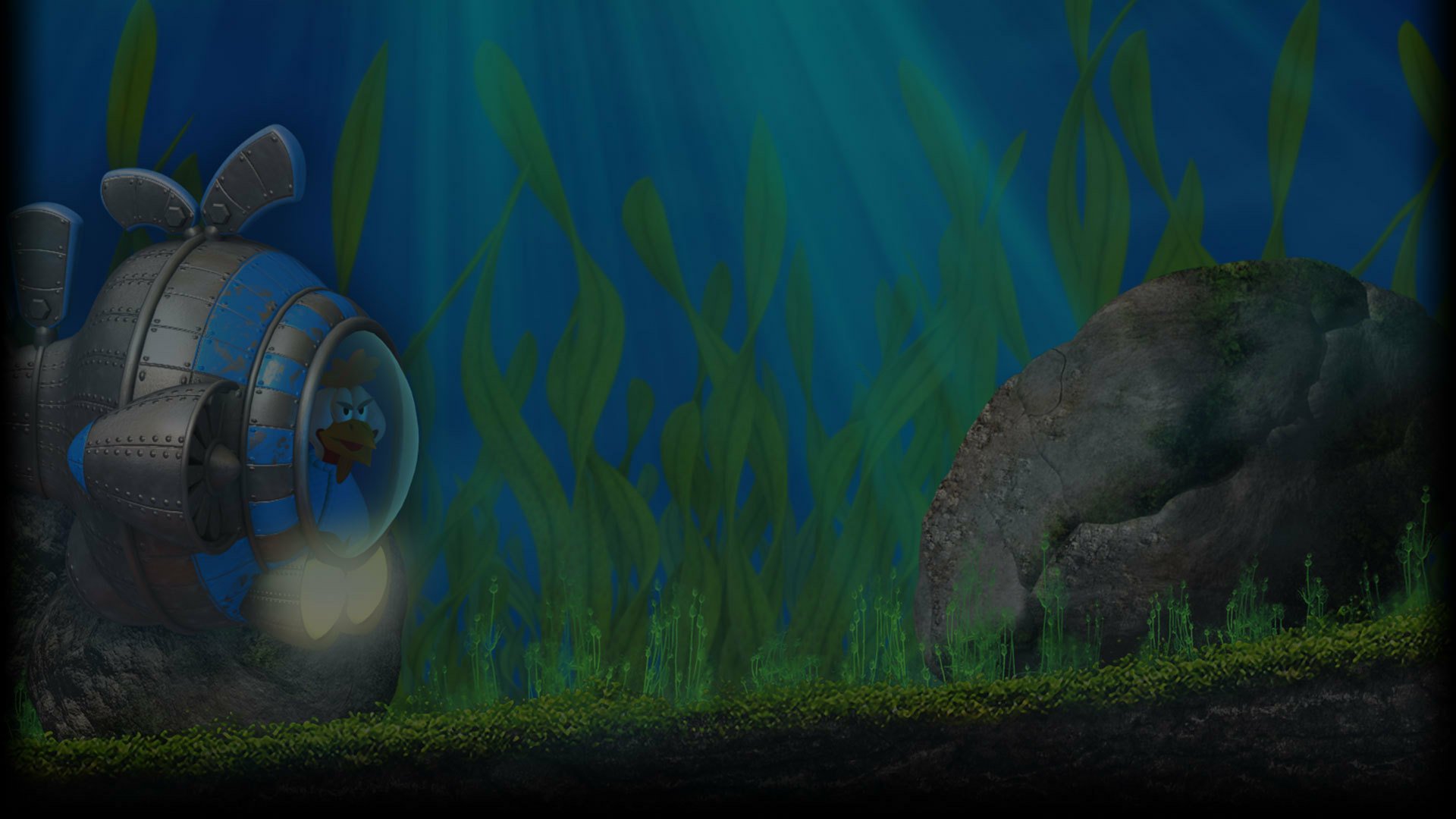 HD PC desktop wallpaper — Chicken Invaders 5: underwater scene with a small armored pod shining a light, swaying green seaweed, mossy seabed and a large rock.