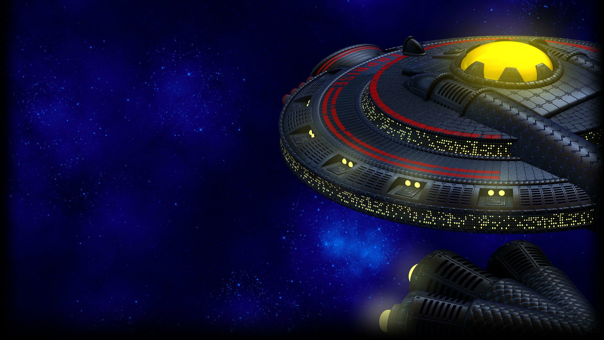 HD PC desktop wallpaper from the video game Chicken Invaders 5, featuring a glowing saucer-like spaceship hovering against a deep blue starfield.