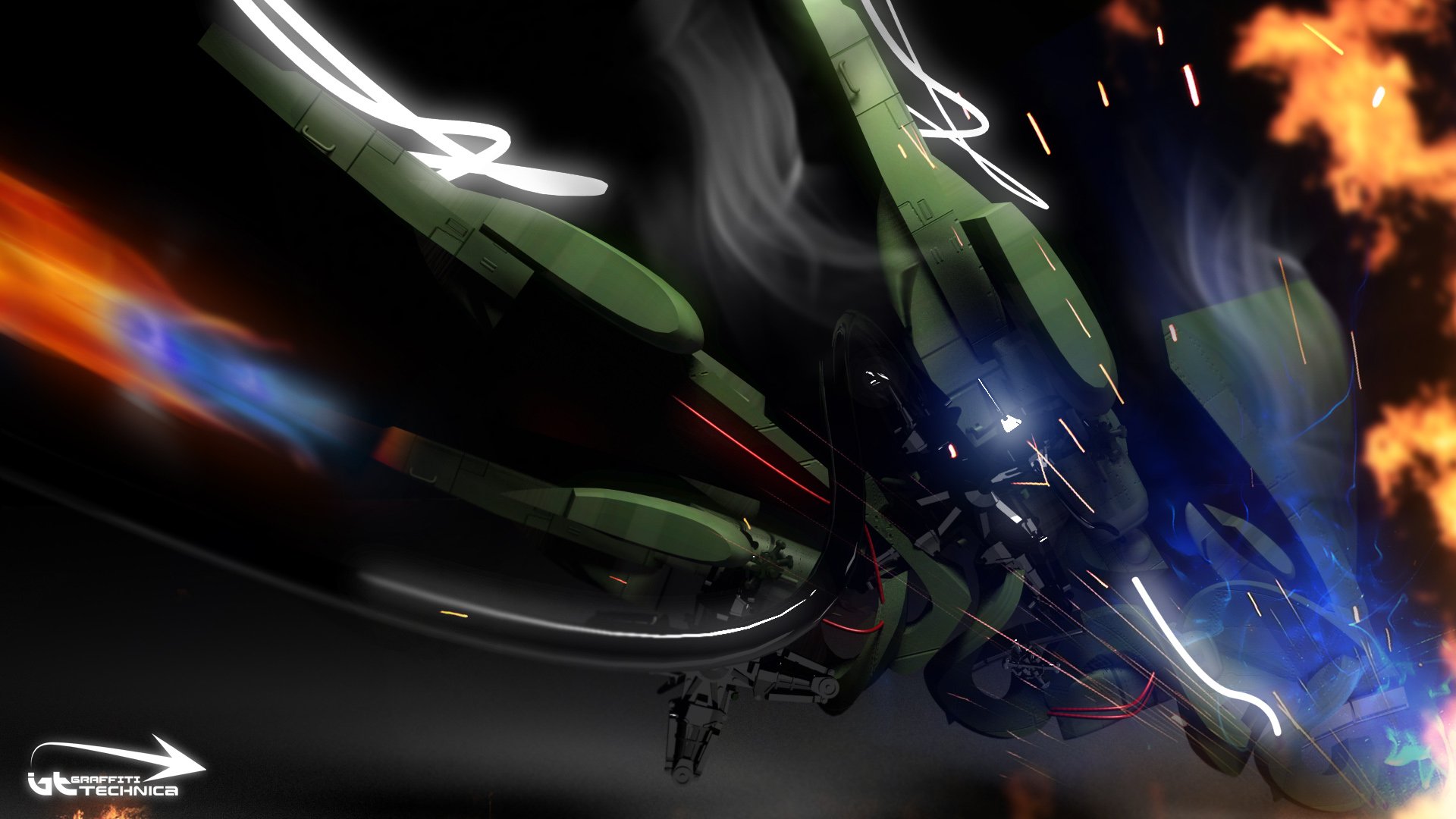 HD wallpaper of an artistic graffiti-style spaceship in motion, surrounded by vibrant light trails and fiery effects.