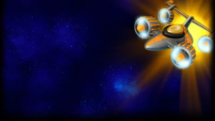 HD PC desktop wallpaper from the video game Chicken Invaders 5: a sleek orange spaceship with glowing engines streaking across a deep blue starfield.