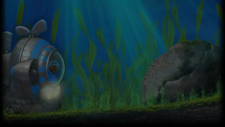 HD PC desktop wallpaper — Chicken Invaders 5: underwater scene with a small armored pod shining a light, swaying green seaweed, mossy seabed and a large rock.