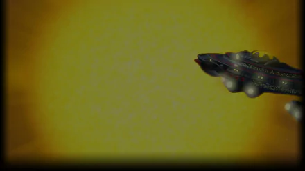 HD PC desktop wallpaper from video game Chicken Invaders 5: a lone spaceship skims the edge of a glowing yellow star.