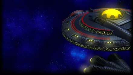 HD PC desktop wallpaper from the video game Chicken Invaders 5, featuring a glowing saucer-like spaceship hovering against a deep blue starfield.