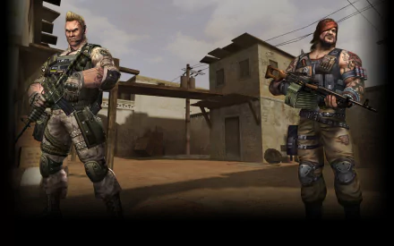 HD PC desktop wallpaper background for the video game Counter-Strike Nexon: Zombies, depicting two heavily armed soldiers standing in a dusty desert village.