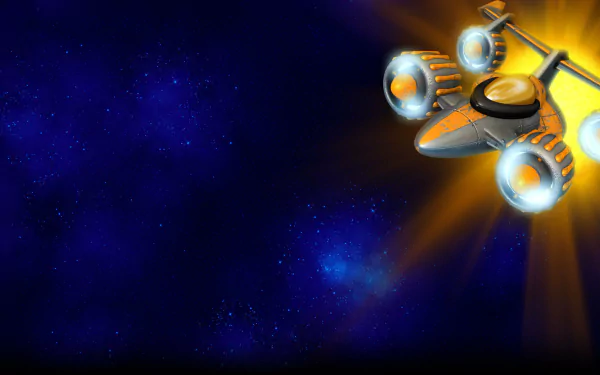 HD PC desktop wallpaper from the video game Chicken Invaders 5: a sleek orange spaceship with glowing engines streaking across a deep blue starfield.