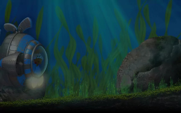 HD PC desktop wallpaper — Chicken Invaders 5: underwater scene with a small armored pod shining a light, swaying green seaweed, mossy seabed and a large rock.