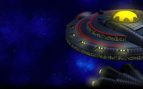HD PC desktop wallpaper from the video game Chicken Invaders 5, featuring a glowing saucer-like spaceship hovering against a deep blue starfield.